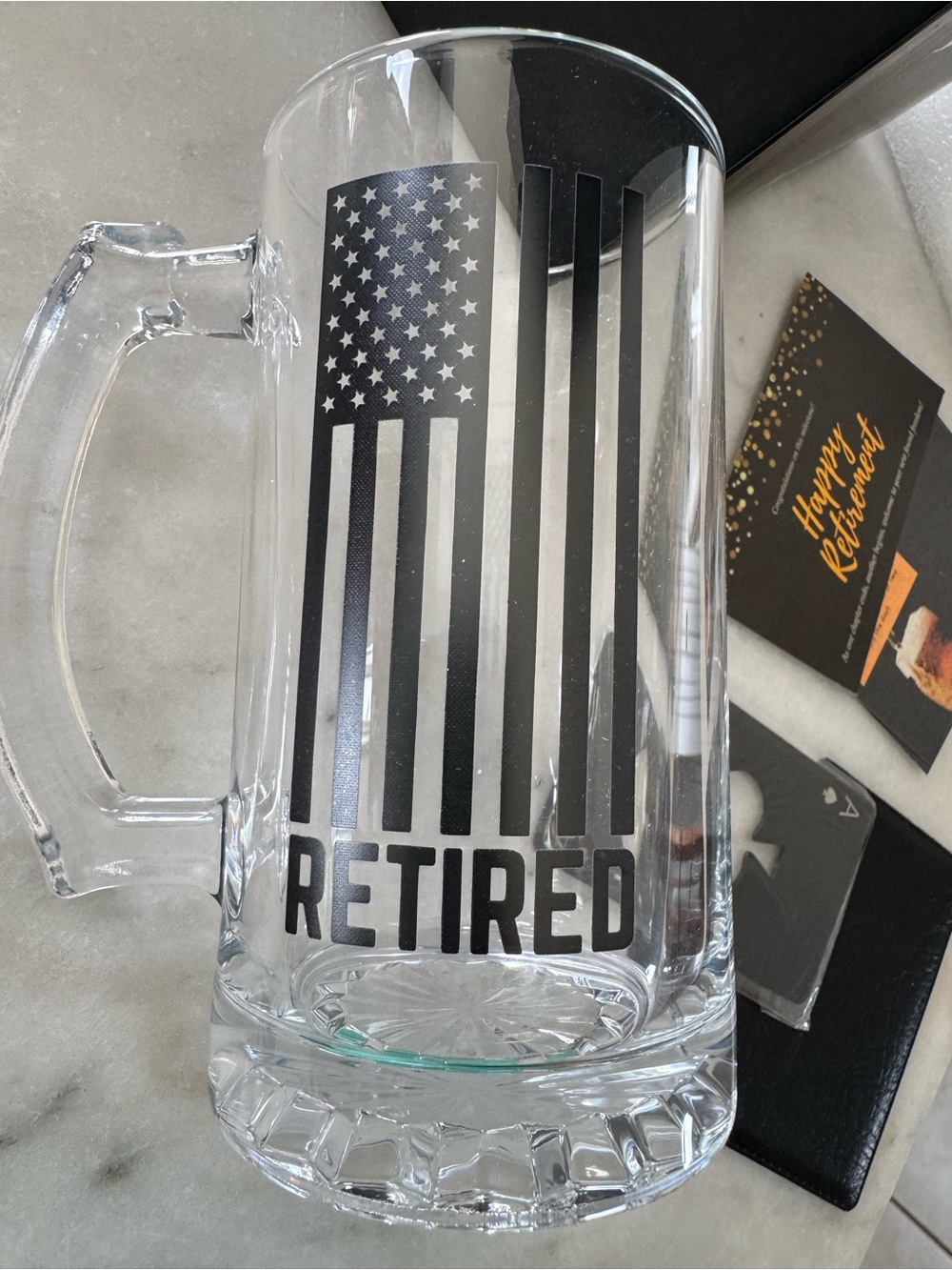 BNIB- RETIRED Beer Mug with Black American Flag - Clear Glass